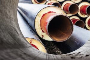 Insulated pipe. Large metal pipes with a plastic sheath at a construction site. Modern pipeline for supplying hot water and heating to a residential area. Close-up.