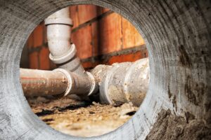 Sewer pipes in home basement. System of gray sanitary pipes when building a house. Sewer installation for sewage disposal.