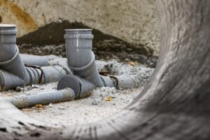 Sewer pipes in home basement. System of gray sanitary pipes when building a house. Sewer installation for sewage disposal.