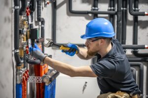 The technician checking the heating system in the boiler room.