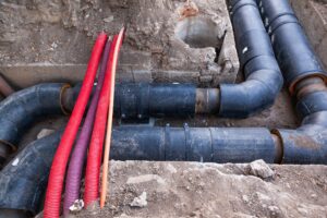 Laying new large diameter water pipes in the ground in the city.